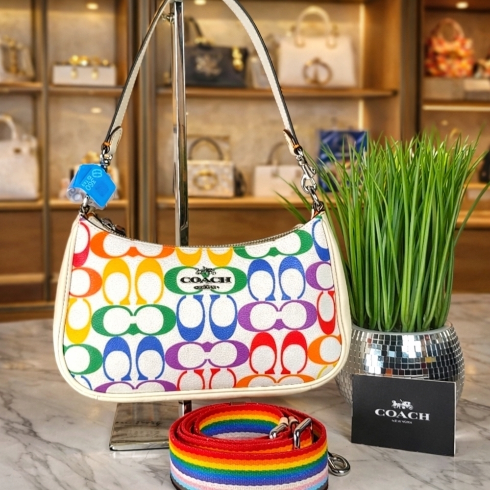 COACH TERI HAND SHOULDER SMALL BAG SIGNATURE RAINBOW CANVAS MULTI SUMMER PURSE‎